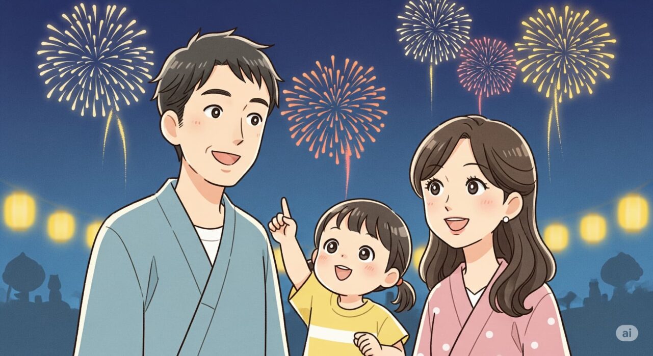 花火を見る家族