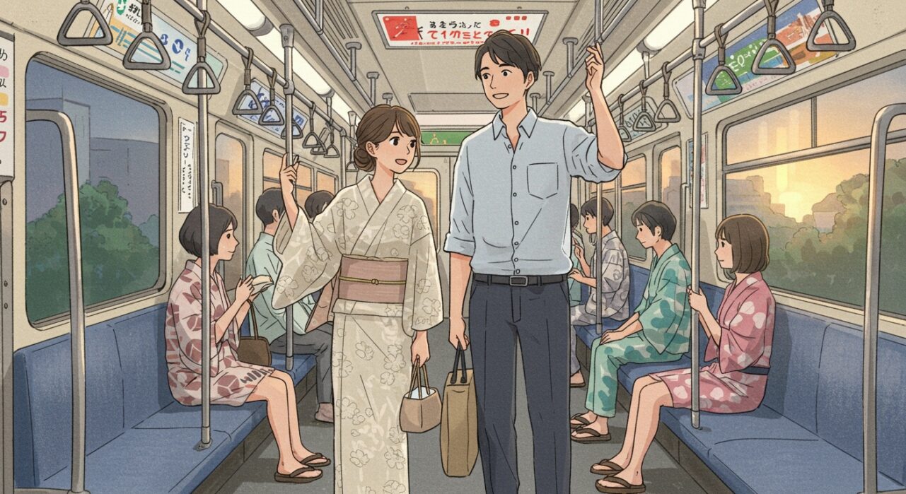 電車移動するカップル